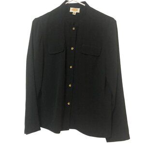 Talbots Black Button Front Career Blouse Top Size 6 Front Pockets Long Sleeve
